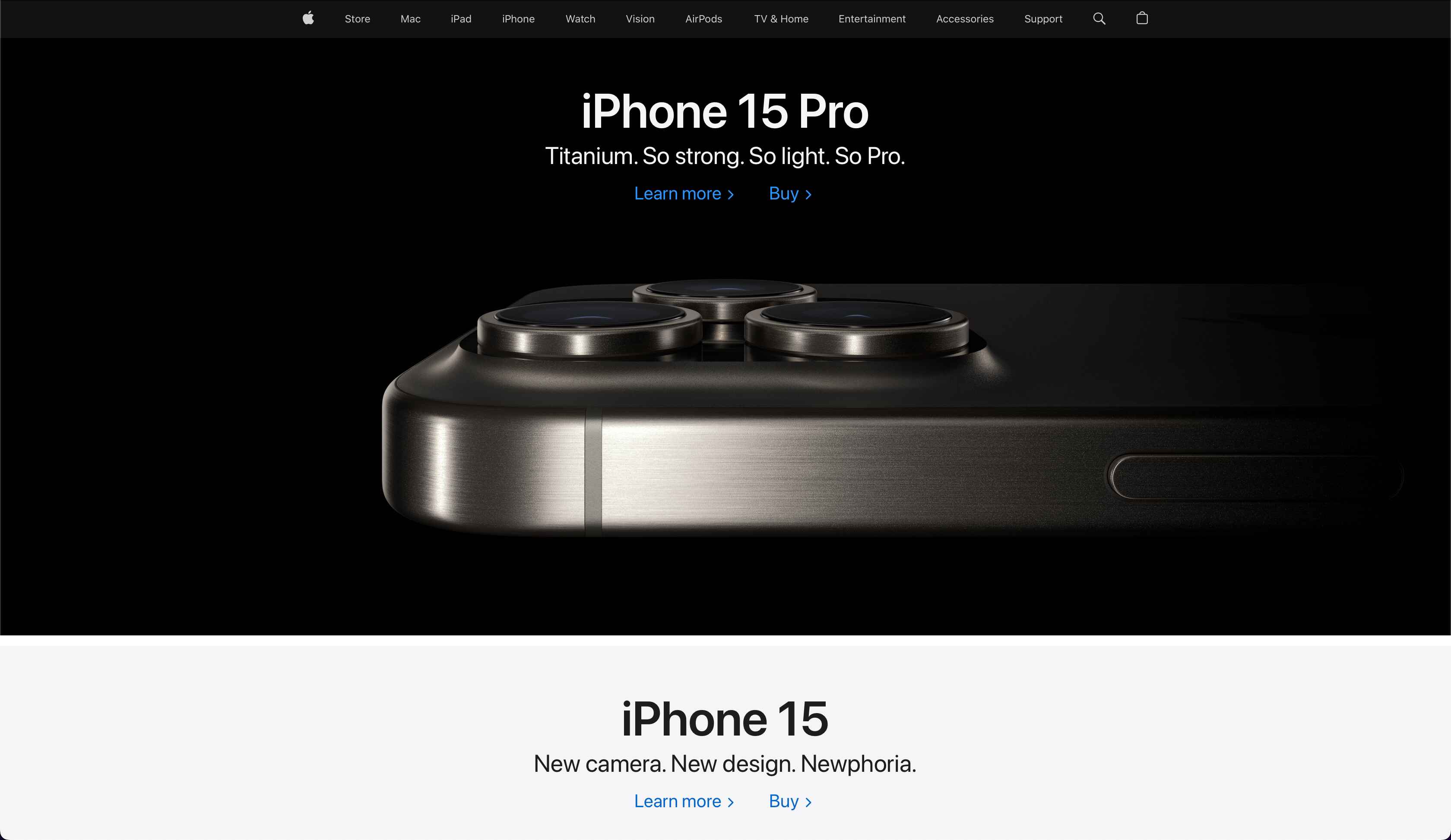 Apple's iPhone 15 website landing page